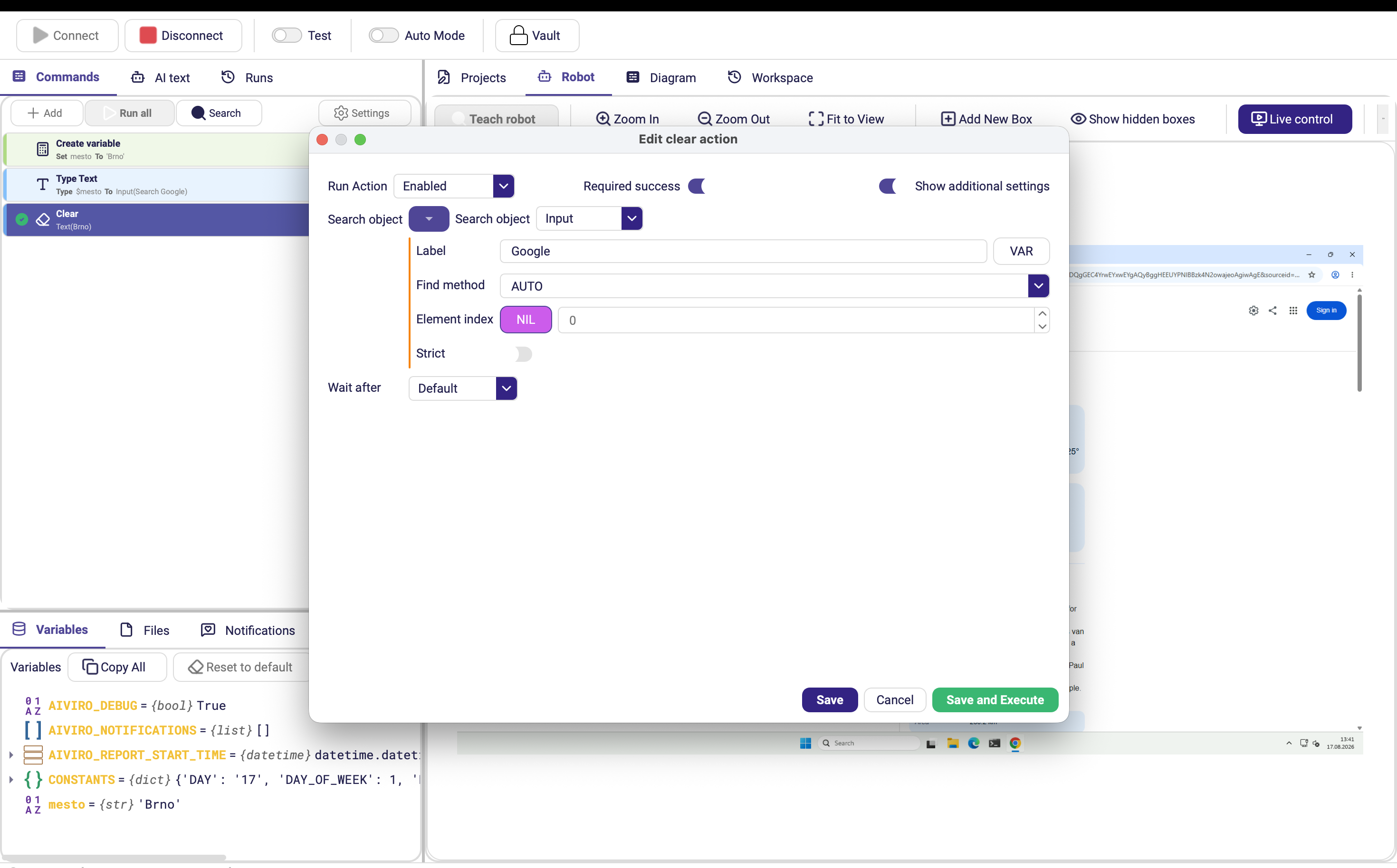 The Clear form with a search object selected