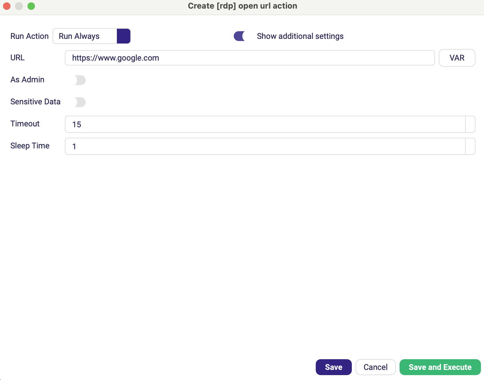 The RDP Custom Command form with Advanced options expanded