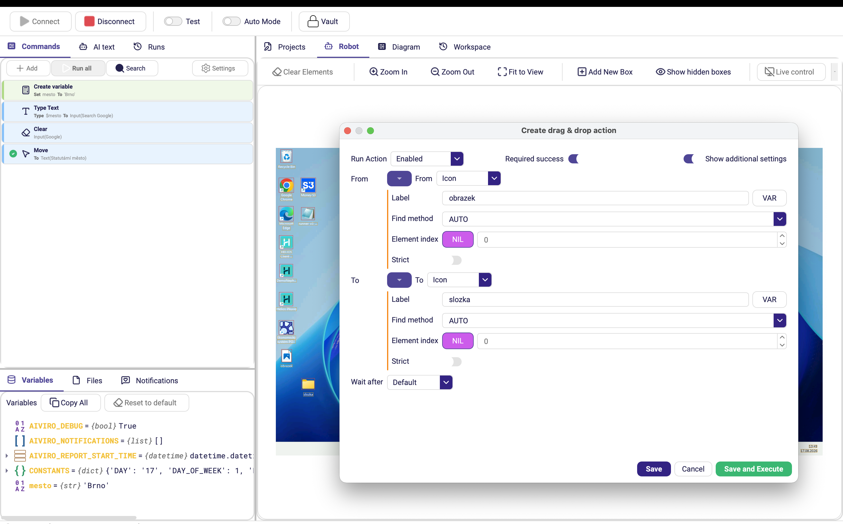 The Drag &amp; Drop form showing both the source and the destination search object, plus a live view of the two elements involved