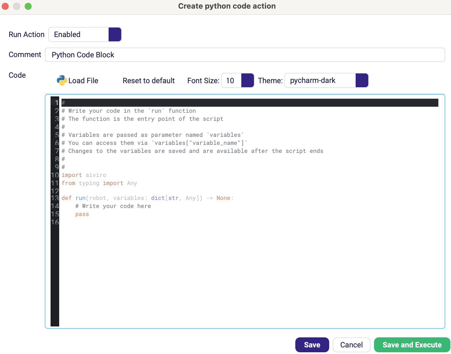 The Python Code form with the code editor showing a few lines of real code and syntax highlighting
