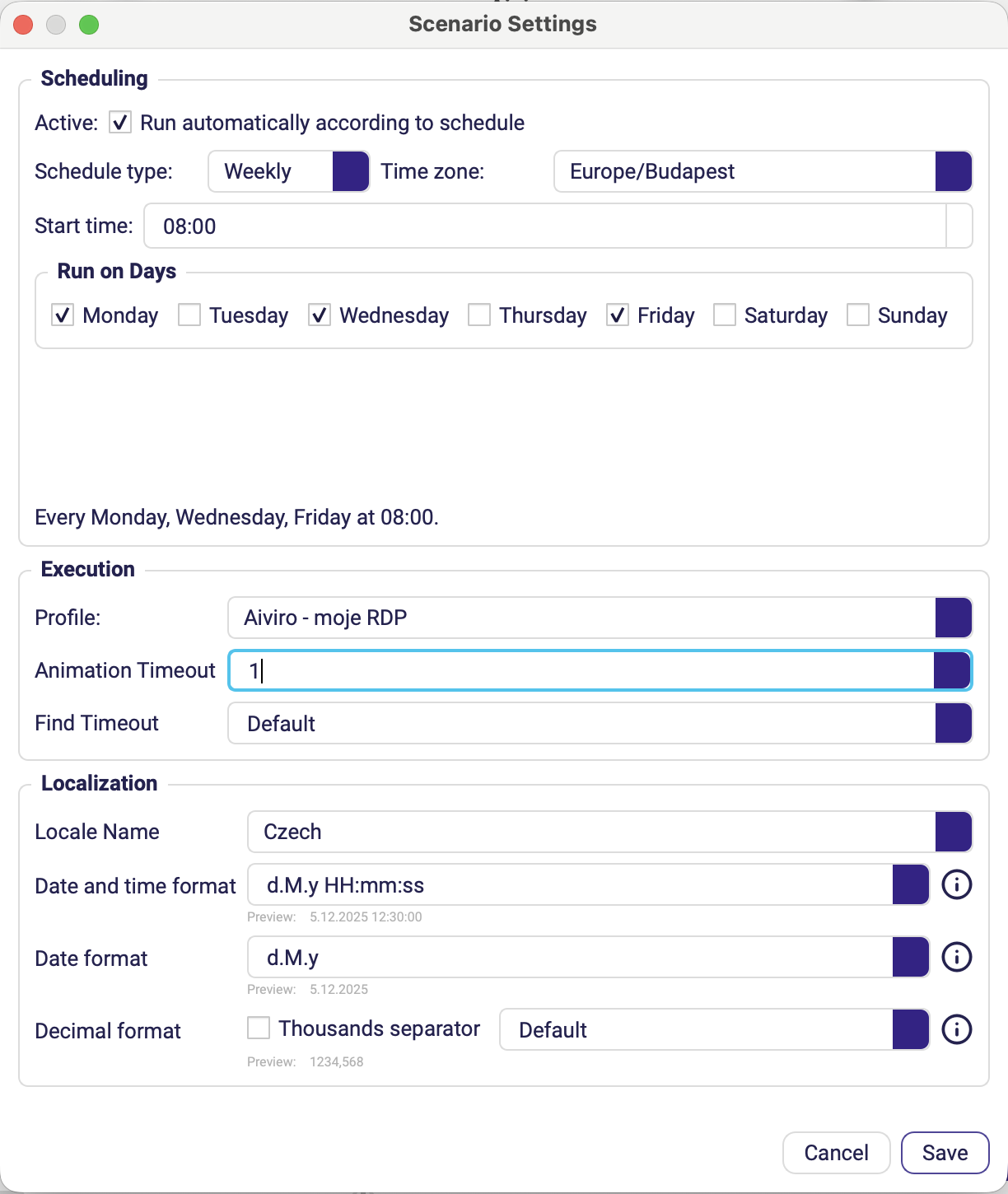 Scenario Settings scrolled to the Execution and Localization sections, with a Profile selected