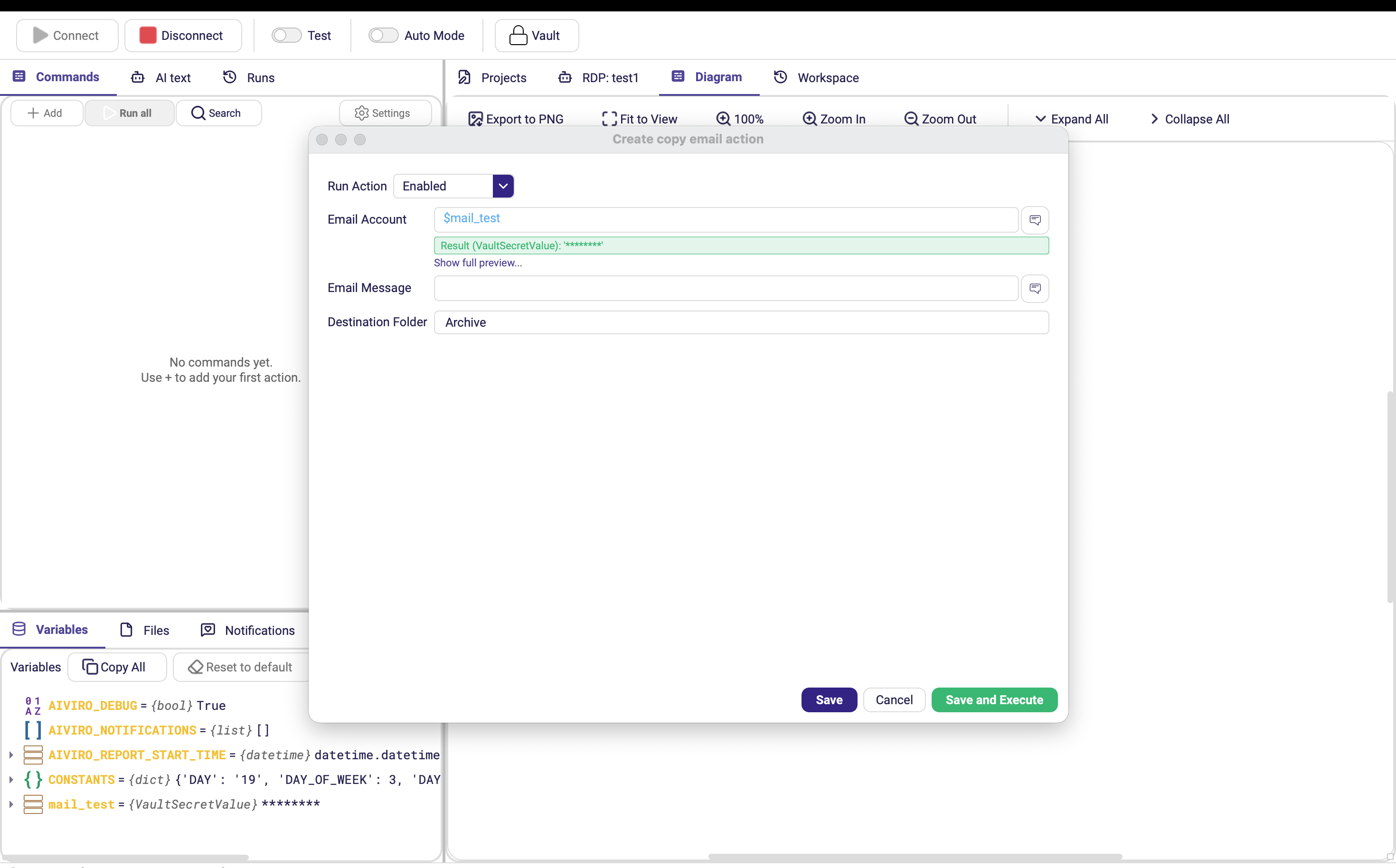 Das Formular einer beliebigen E-Mail-Aktion mit geöffneter Auswahlliste E-Mail-Konto, die die im Tresor verfügbaren E-Mail-Konto-Einträge auflistet