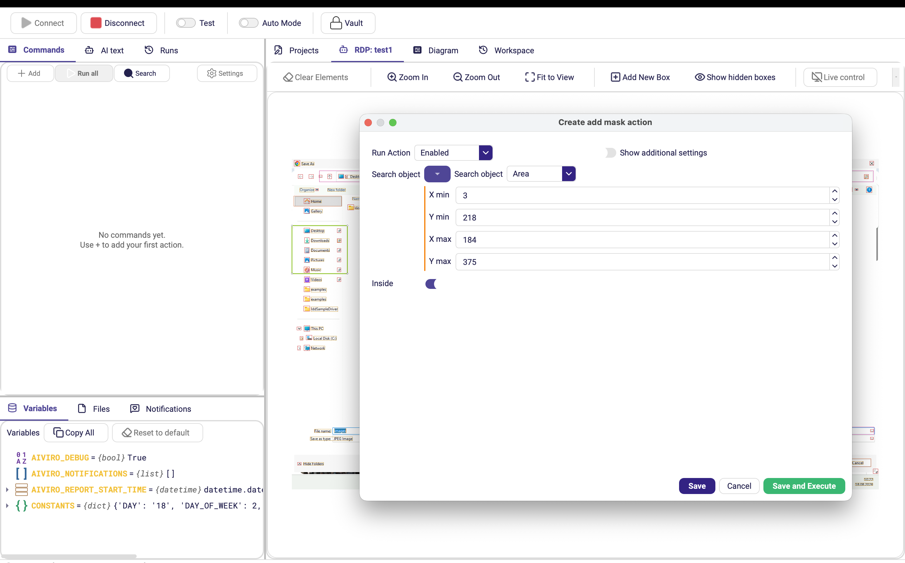 Die Live-Ansicht mit einer über einen Bereich gezogenen Box Bereich und daneben der Parametereditor mit allen vier Koordinatenfeldern